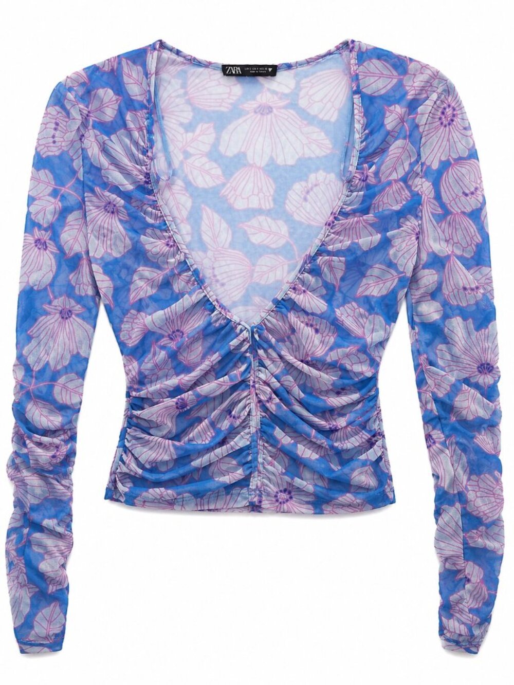 Zara Blue & Pink Floral Ruched Long-Sleeve Top Size S